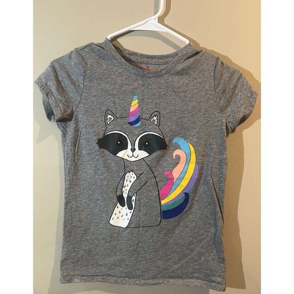 Cat And Jack Girls Size L 10/12 Grey Short Sleeve Shirt Unicorn Raccoon ￼ - Picture 1 of 3